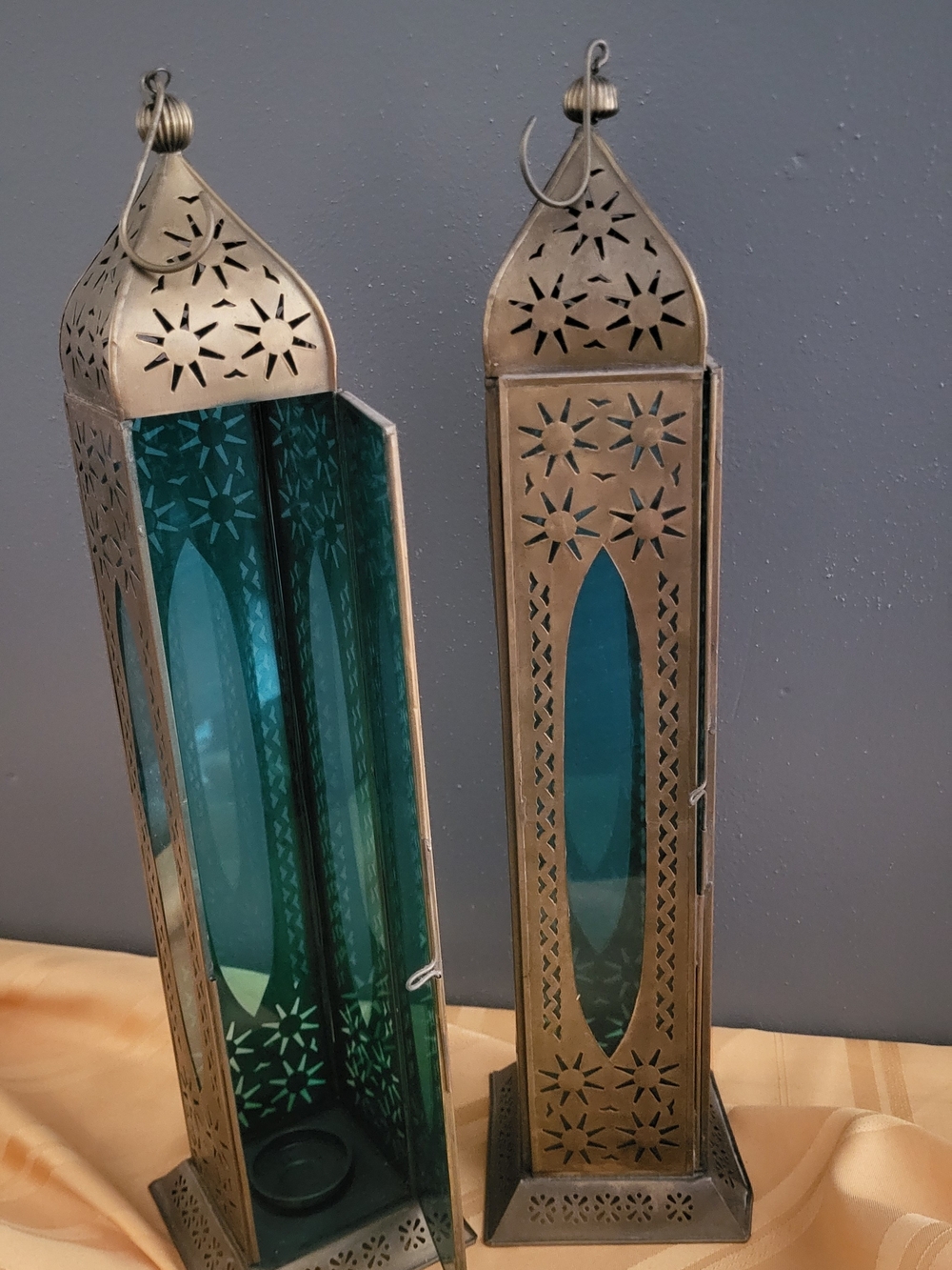 Decorative Brass Lanterns with Teal Glass Panels - Set of 2 - Picture 2 of 4